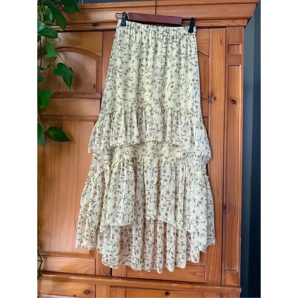 H&M Floral Tiered Midi Skirt Cream Boho Cottagecore Womens S